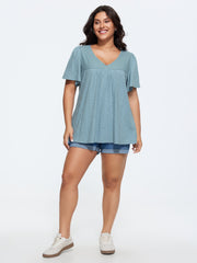 Cotton Ruffled Sleeve V-Neck T-Shirt