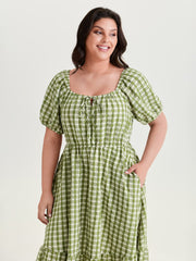 Gingham Print Adjustable Drawstring Neckline Midi Dress