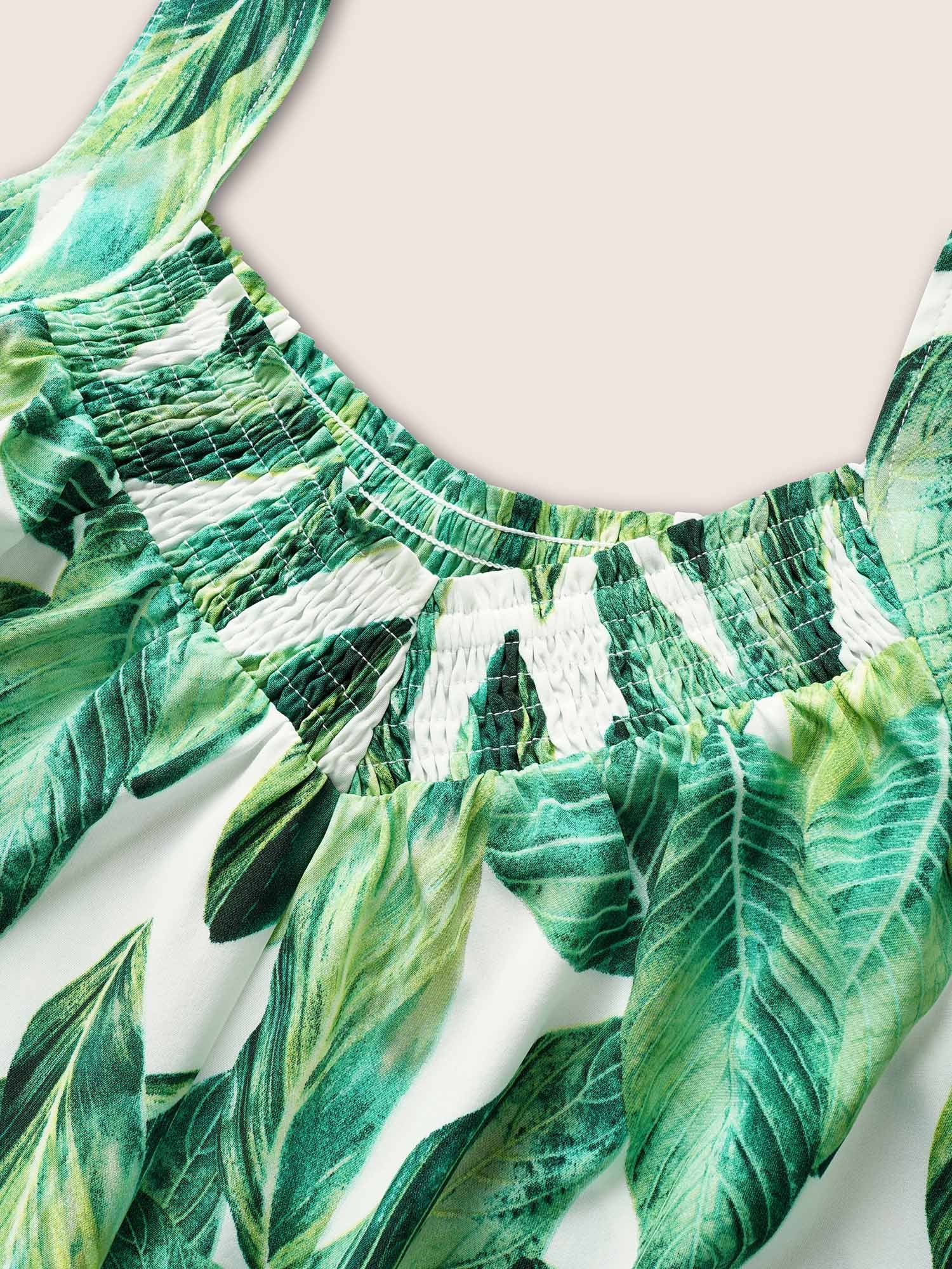 Tropical Print Shirred Side Seam Pocket Jumpsuit