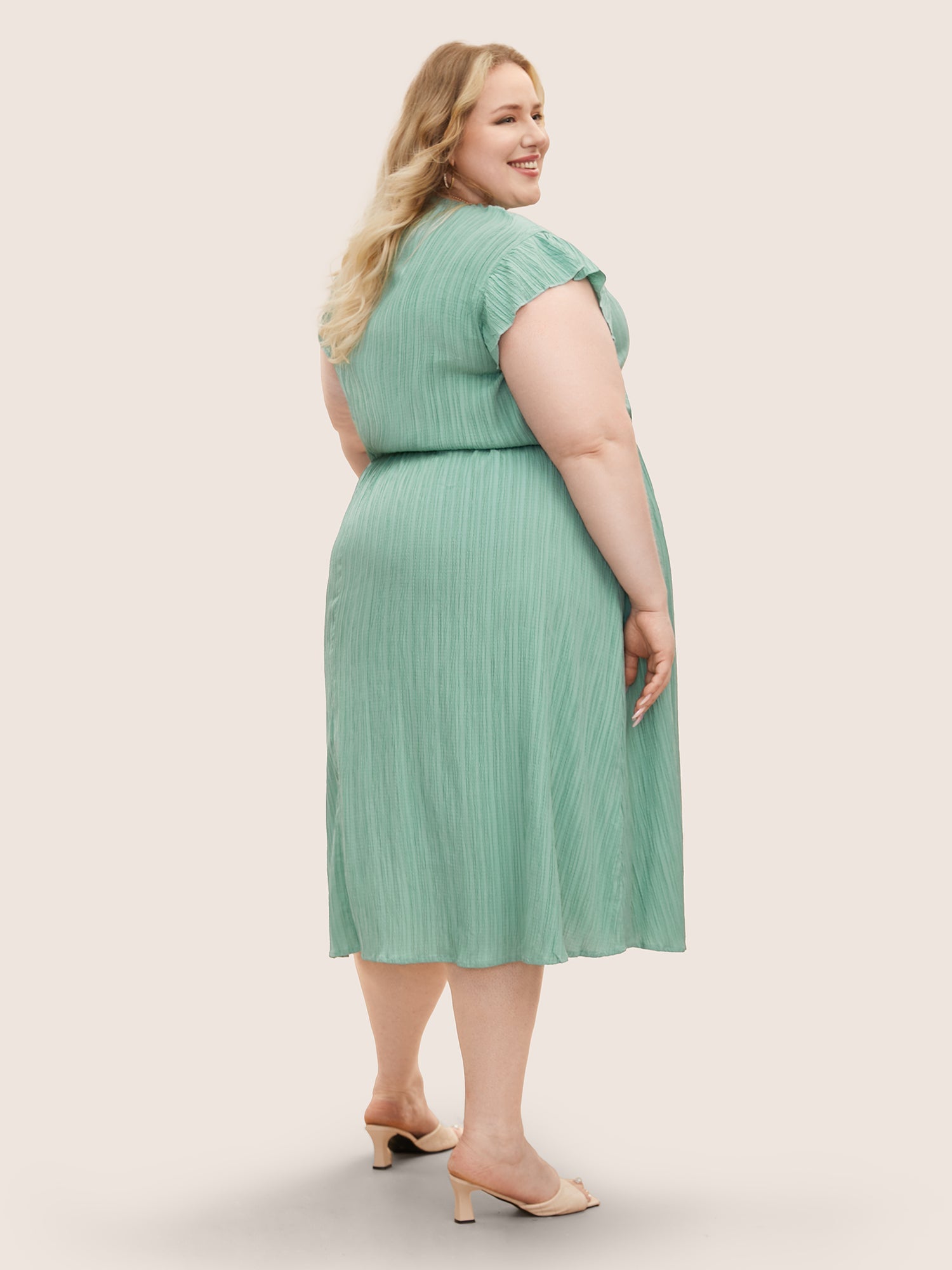 Plain Cap Sleeve Ruffles Trim Mock Neck Pocket Dress