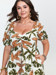 Tropical Print Ruched Sweetheart Neckline Midi Dress