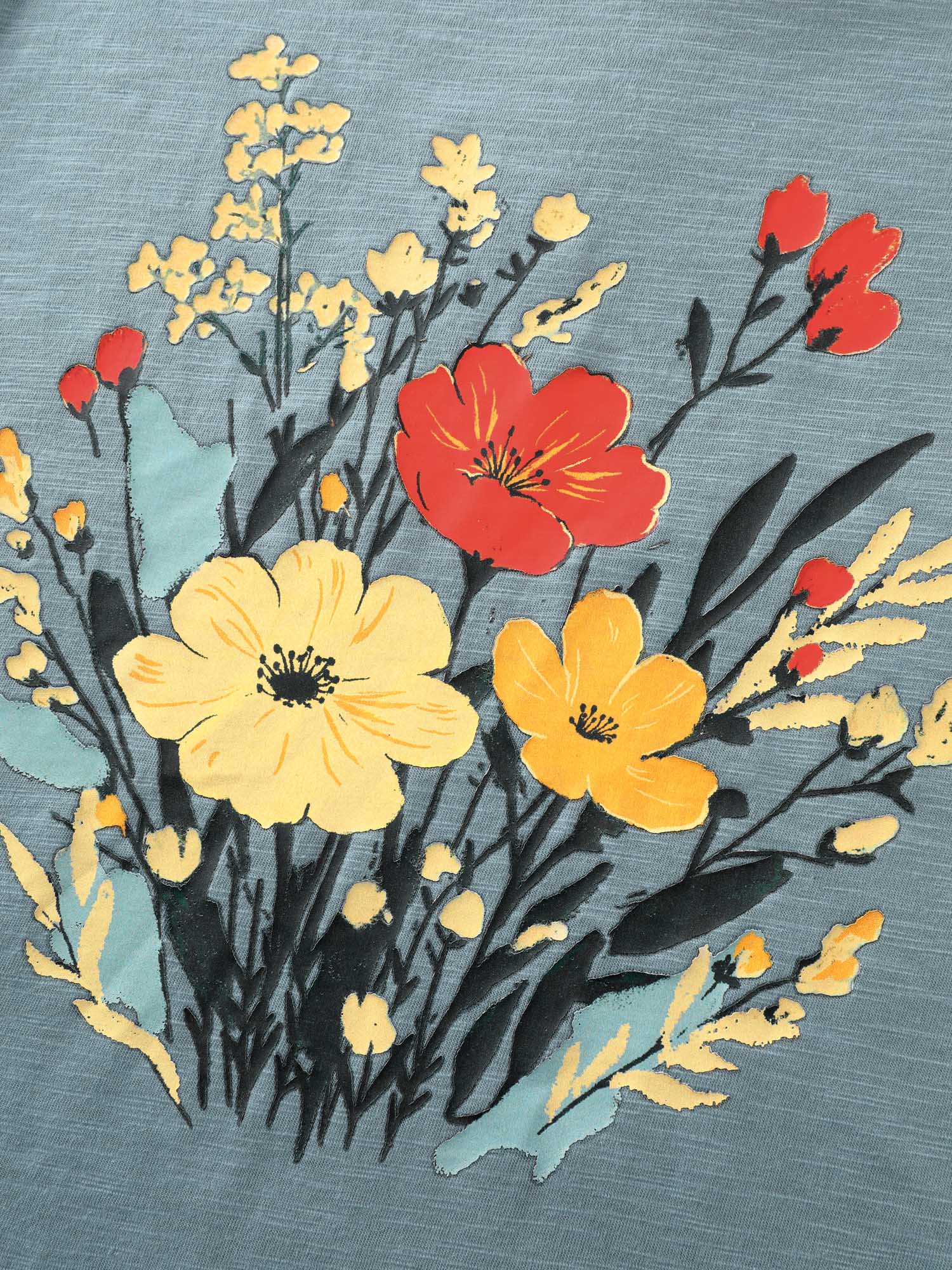 Floral Print Round Neck Textured T-Shirt