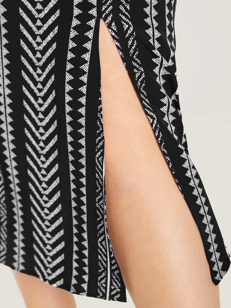 Geometric Print Flutter Sleeve Pocket Wrap Belt Split Dress