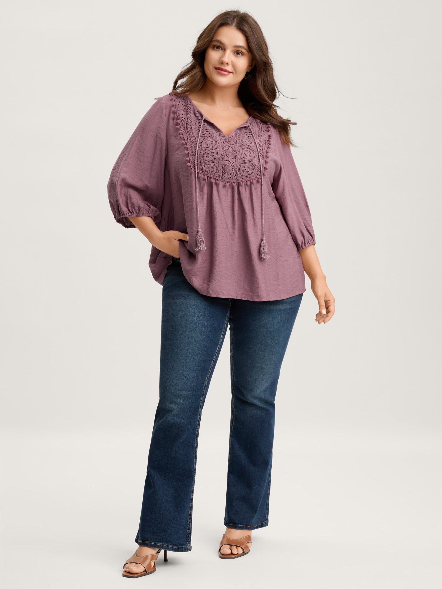Lace Neck Tie Flowy Solid Blouse